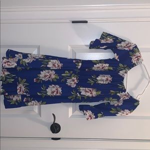 Off the shoulder floral royal blue mini dress.